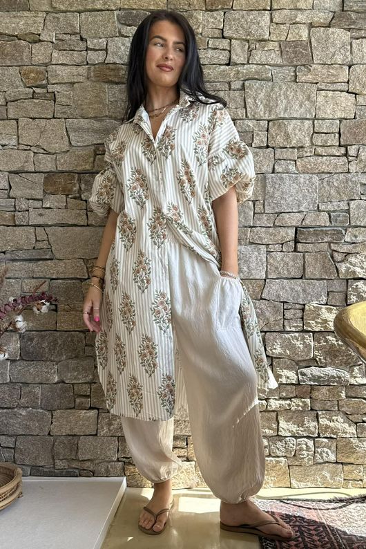 Mika Flower & Stripe Duster Shirt Stone